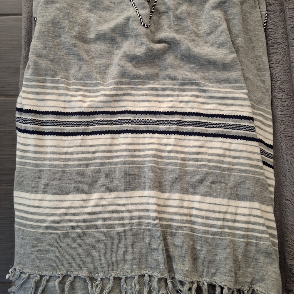 Gray and White Striped Fringe Blanket